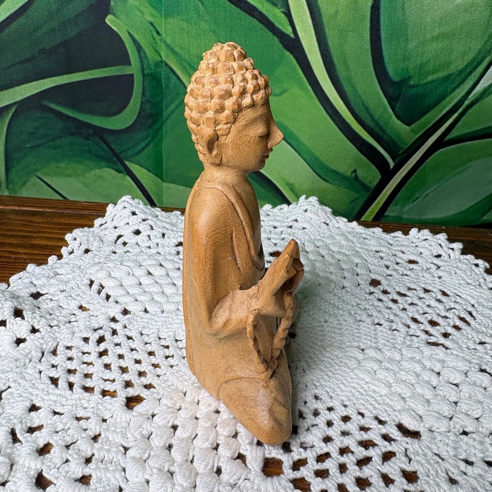 Wooden Buddha Meditating with Beads Wood Hand Carved Statue Figurine Zen Boho - Picture 3 of 9